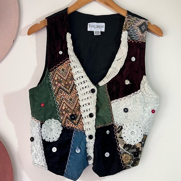 Vintage tangibles PATCHWORK vest western‎ boho crochet tapestry women SIZE SMALL - Picture 1 of 7